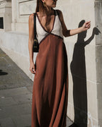 V-Neck Colorblock Midi Dress - Elegant Casual Evening Wear for Women