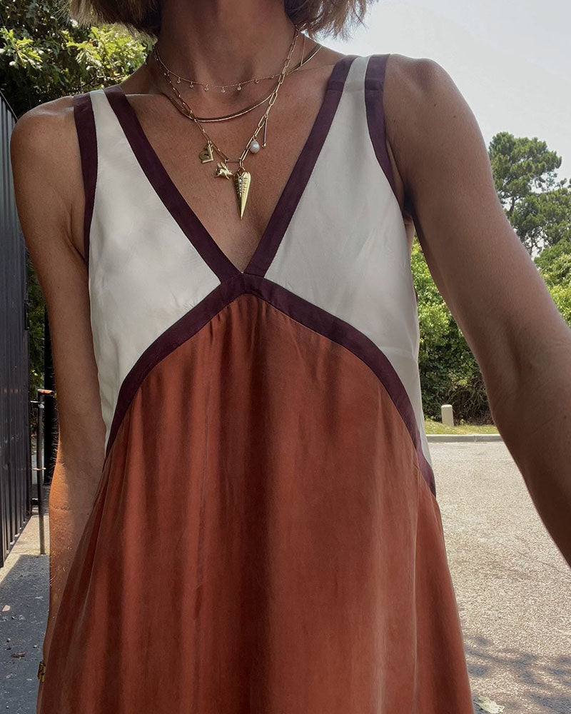 V-Neck Colorblock Midi Dress - Elegant Casual Evening Wear for Women