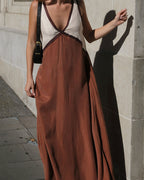 V-Neck Colorblock Midi Dress - Elegant Casual Evening Wear for Women