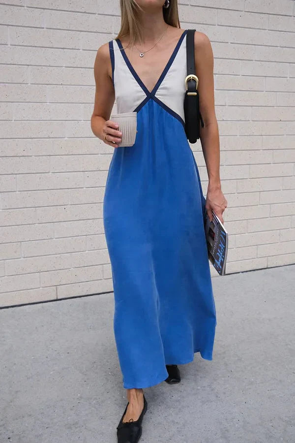 V-Neck Colorblock Midi Dress - Elegant Casual Evening Wear for Women