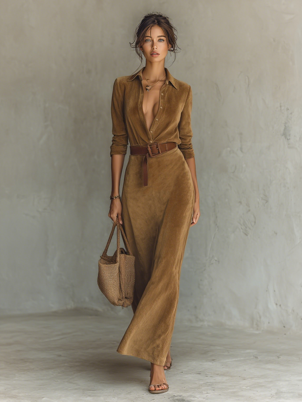 Suede Maxi Dress with Lapel and Belt - Long Sleeve Formal Women's Dress
