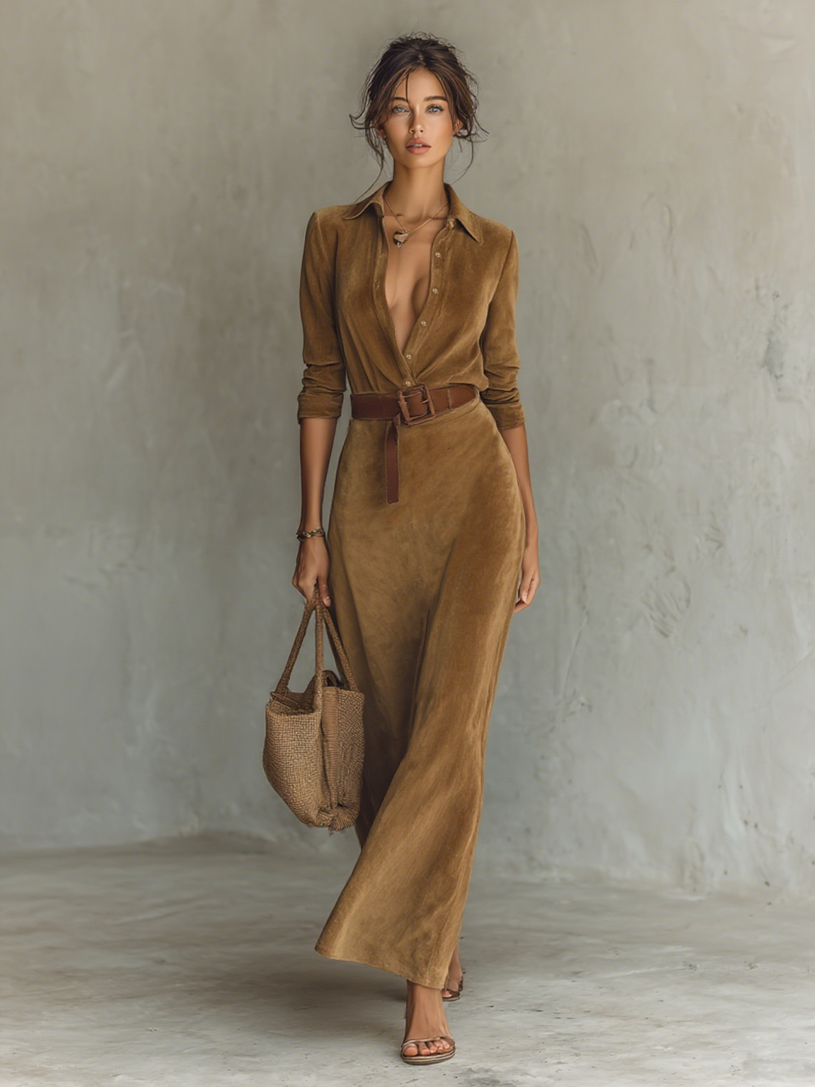 Suede Maxi Dress with Lapel and Belt - Long Sleeve Formal Women's Dress