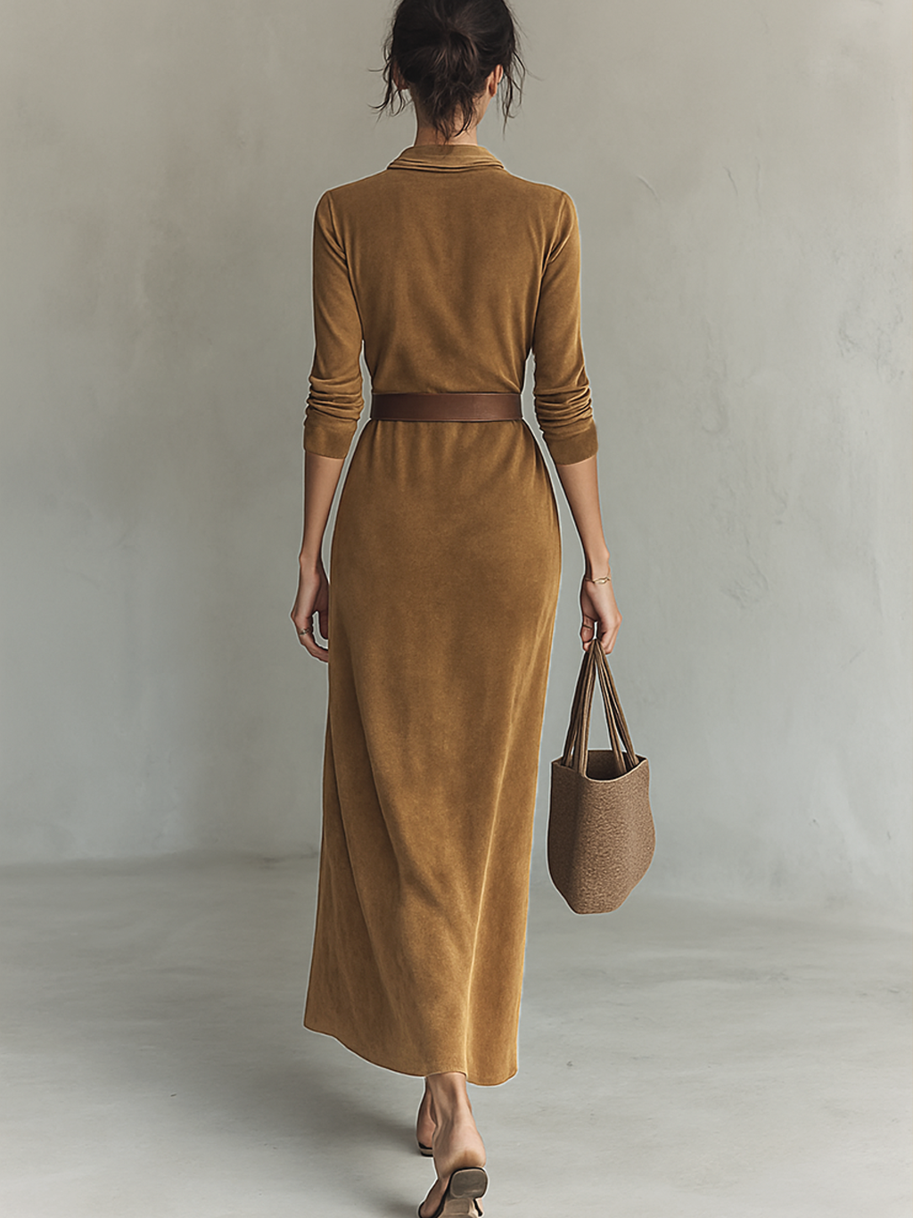 Suede Maxi Dress with Lapel and Belt - Long Sleeve Formal Women's Dress