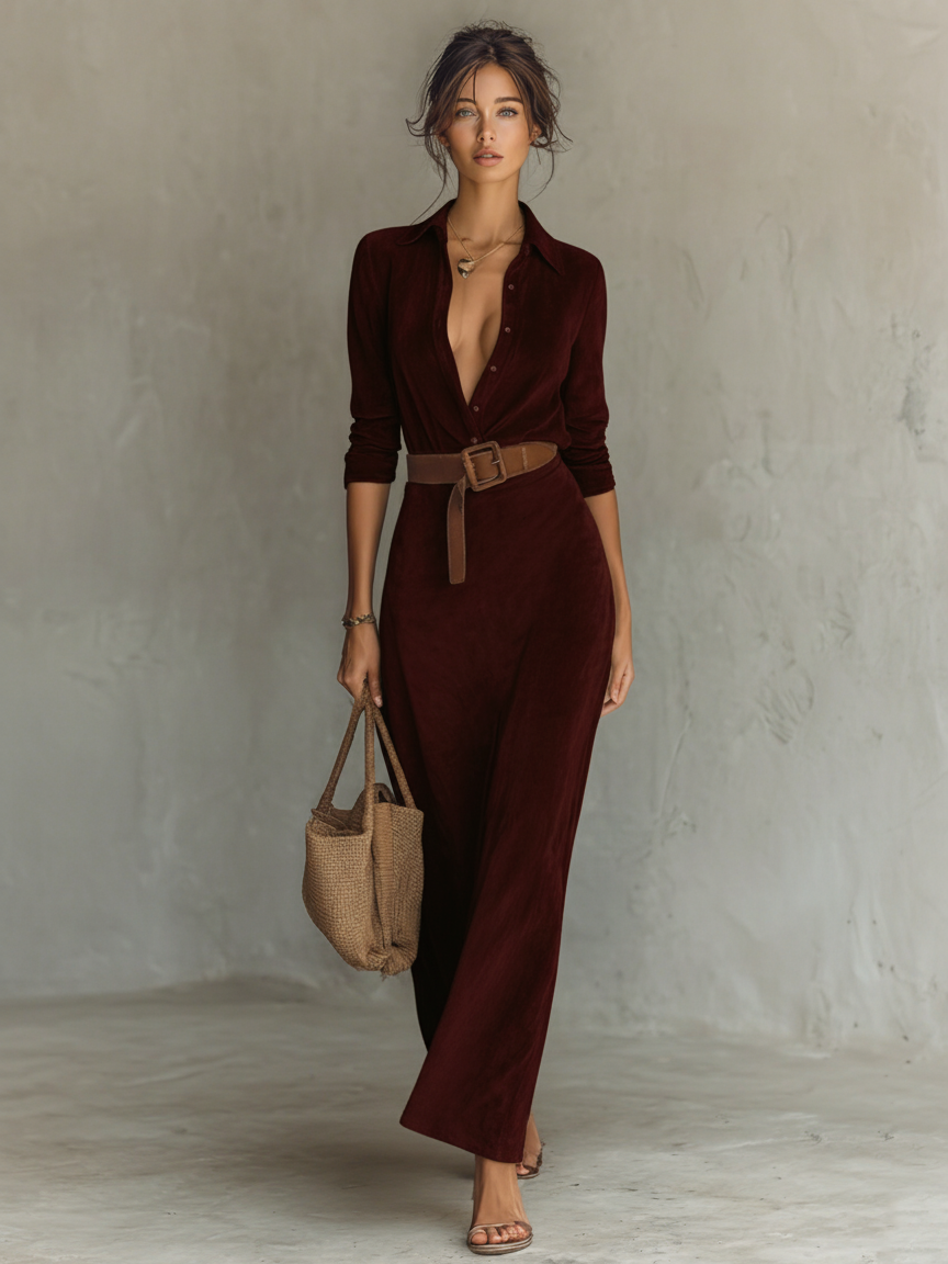 Suede Maxi Dress with Lapel and Belt - Long Sleeve Formal Women's Dress