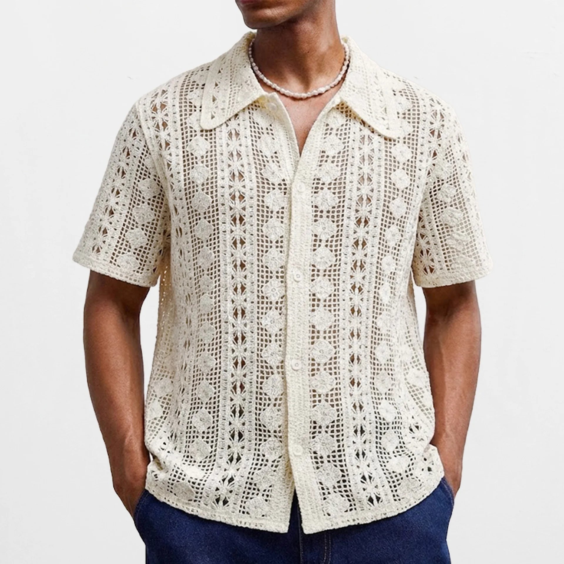Men's Crochet Knitted Polo Cardigan - Short Sleeve Hollow Out Summer Top