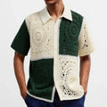 Men's Crochet Knitted Polo Cardigan - Short Sleeve Hollow Out Summer Top