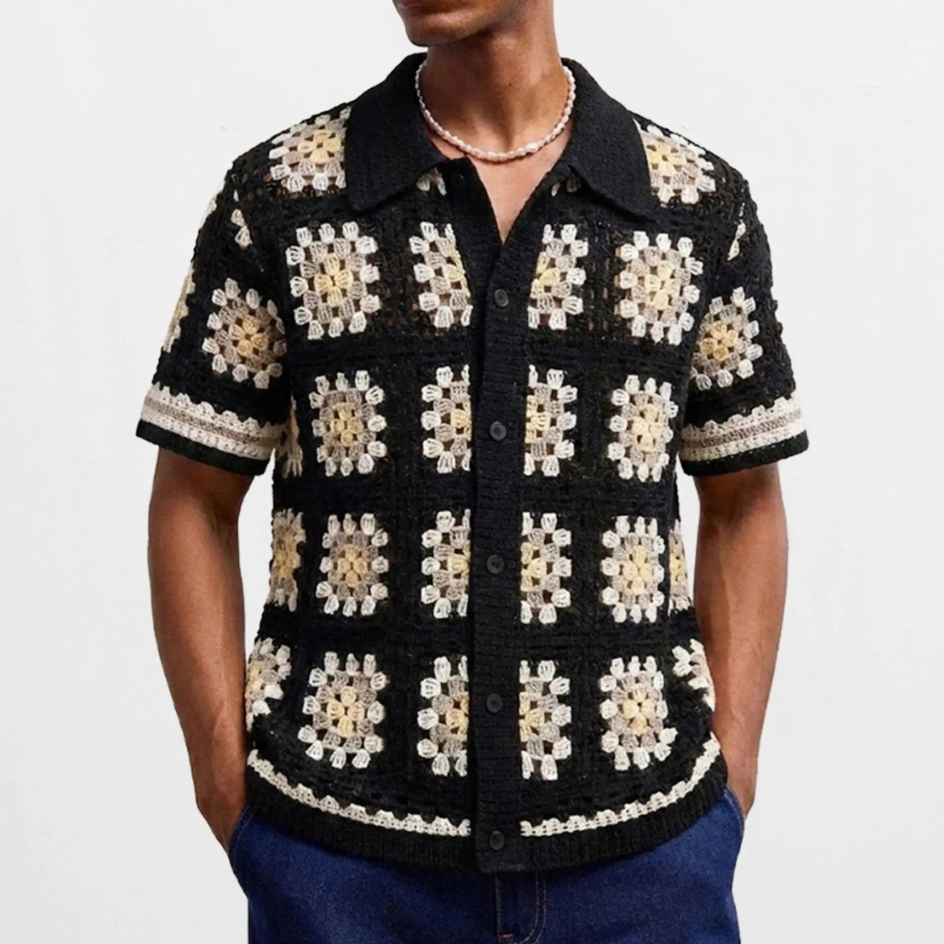 Men's Crochet Knitted Polo Cardigan - Short Sleeve Hollow Out Summer Top