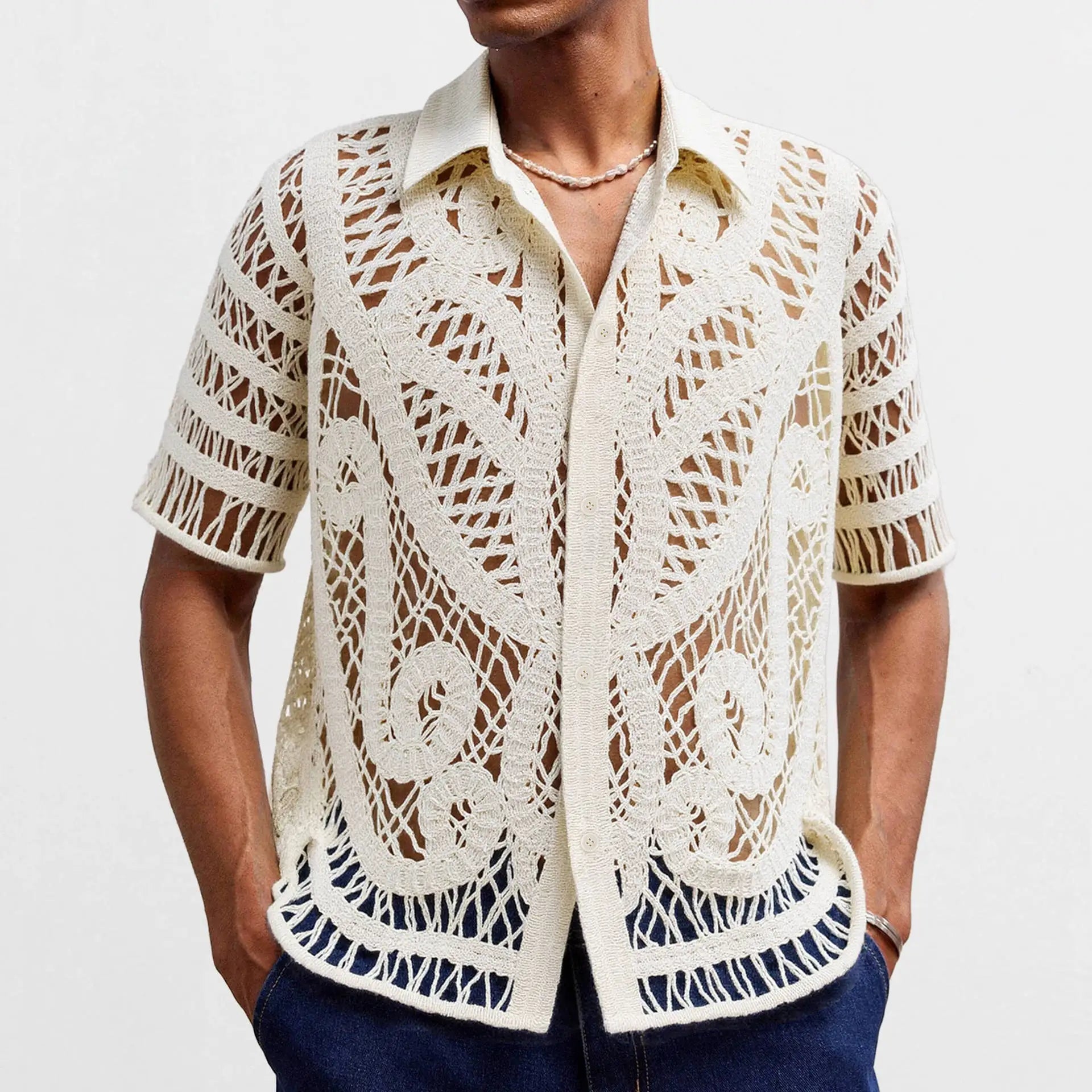 Men's Crochet Knitted Polo Cardigan - Short Sleeve Hollow Out Summer Top
