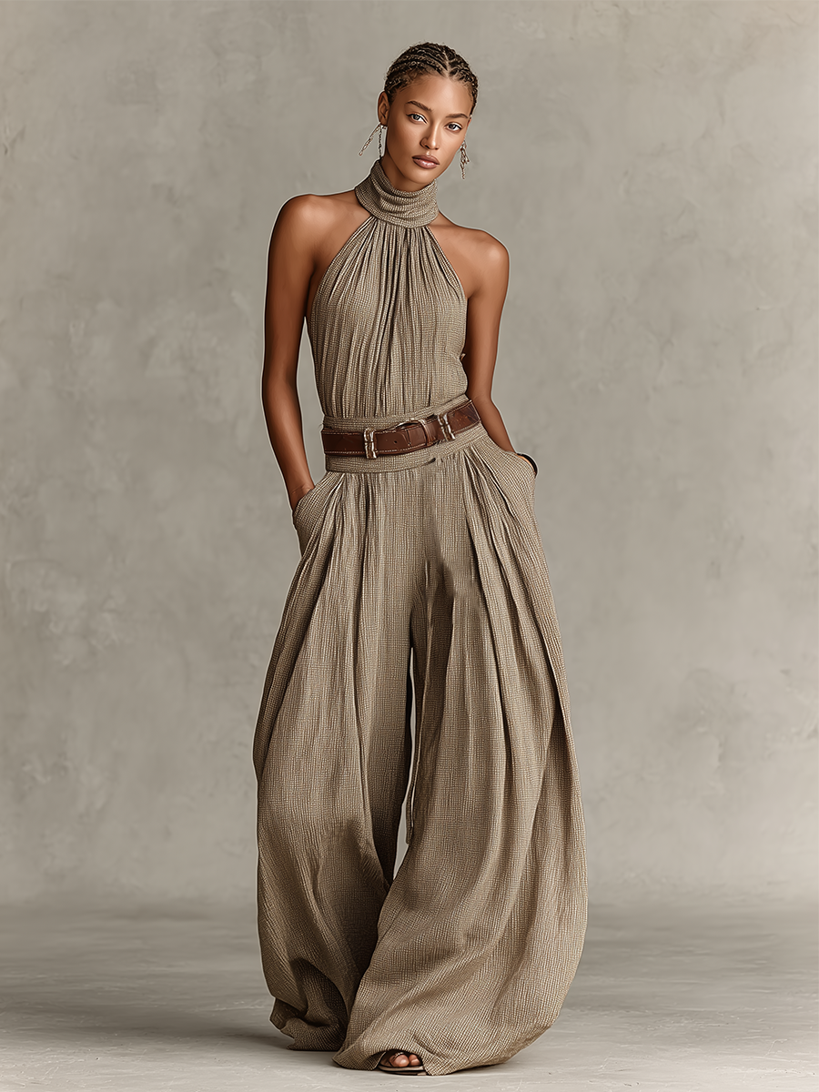 Taupe Cotton-Blend Halter Neck Jumpsuit - Wide-Leg Boho-Elegant Design