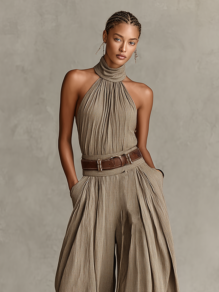 Taupe Cotton-Blend Halter Neck Jumpsuit - Wide-Leg Boho-Elegant Design