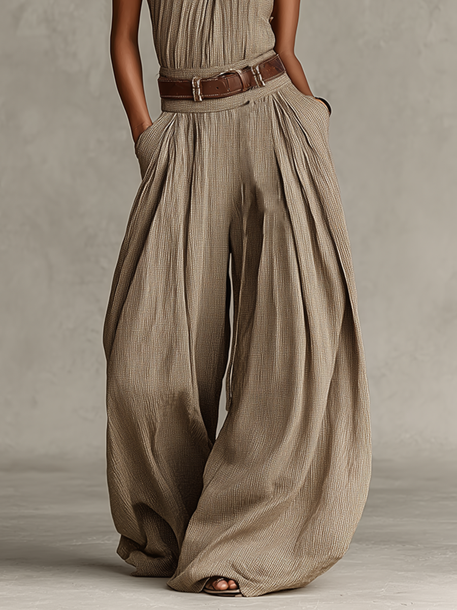 Taupe Cotton-Blend Halter Neck Jumpsuit - Wide-Leg Boho-Elegant Design