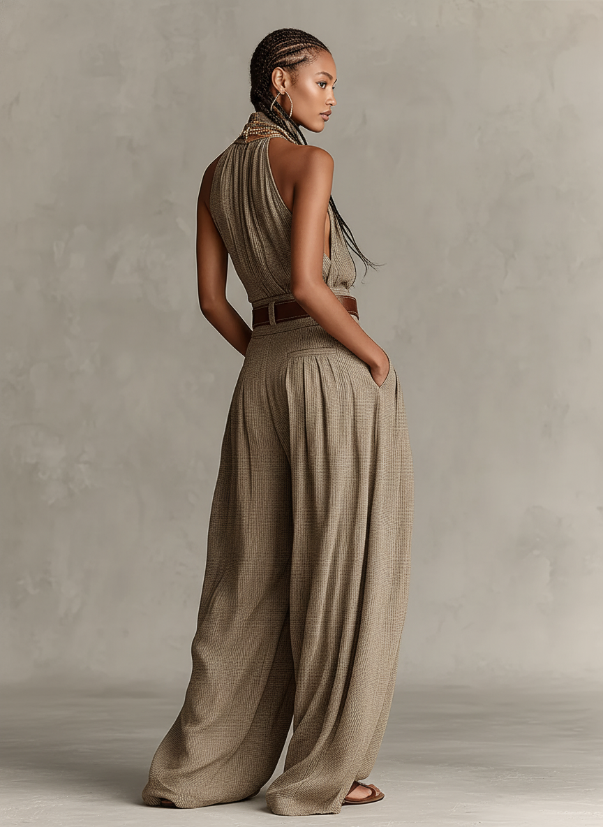 Taupe Cotton-Blend Halter Neck Jumpsuit - Wide-Leg Boho-Elegant Design