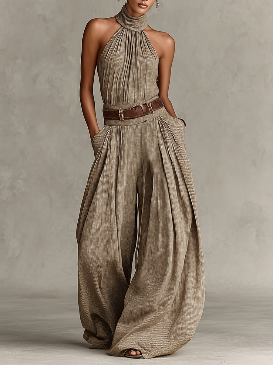 Taupe Cotton-Blend Halter Neck Jumpsuit - Wide-Leg Boho-Elegant Design