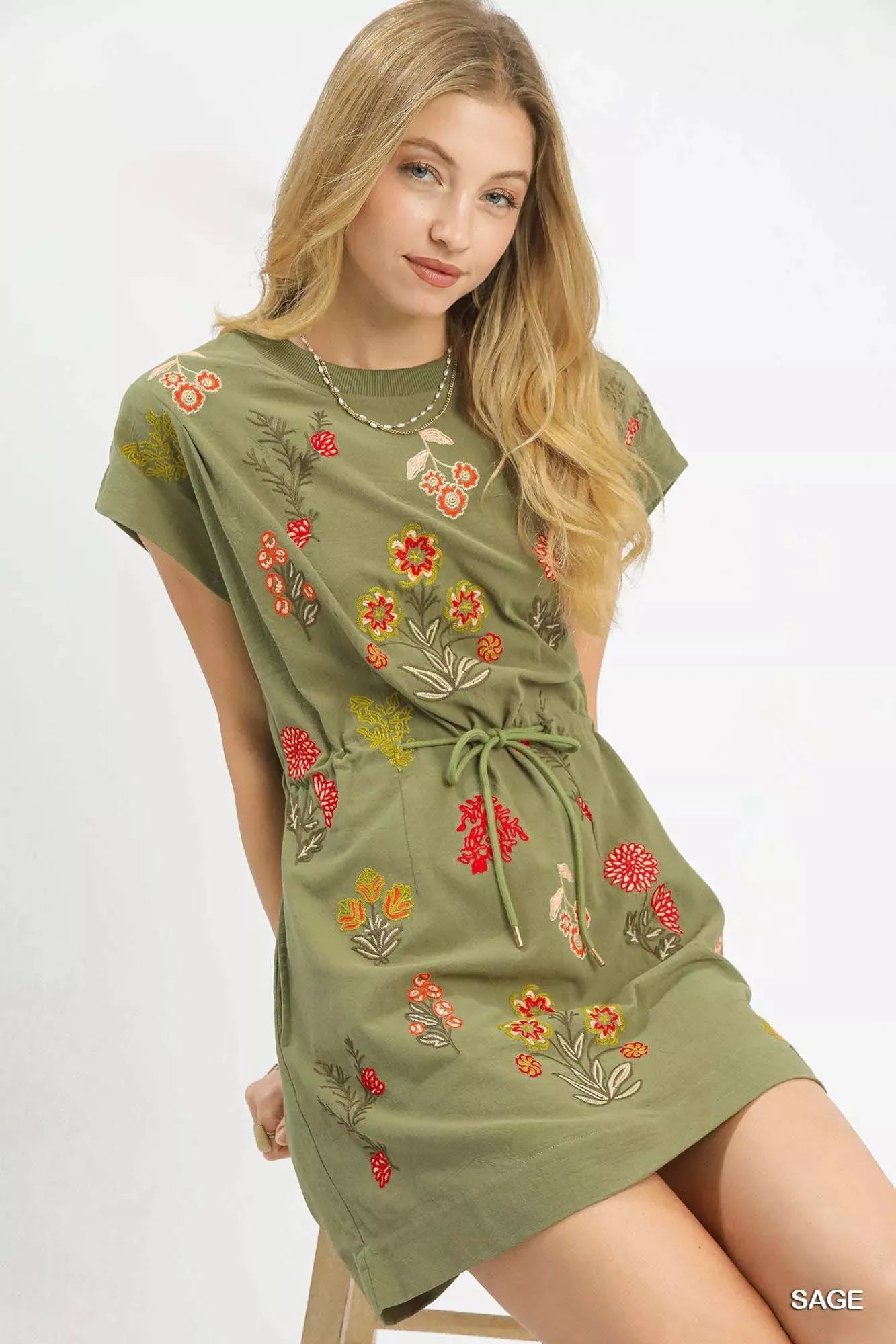 Umgee Embroidered Floral Mini Dress with Waist Tie