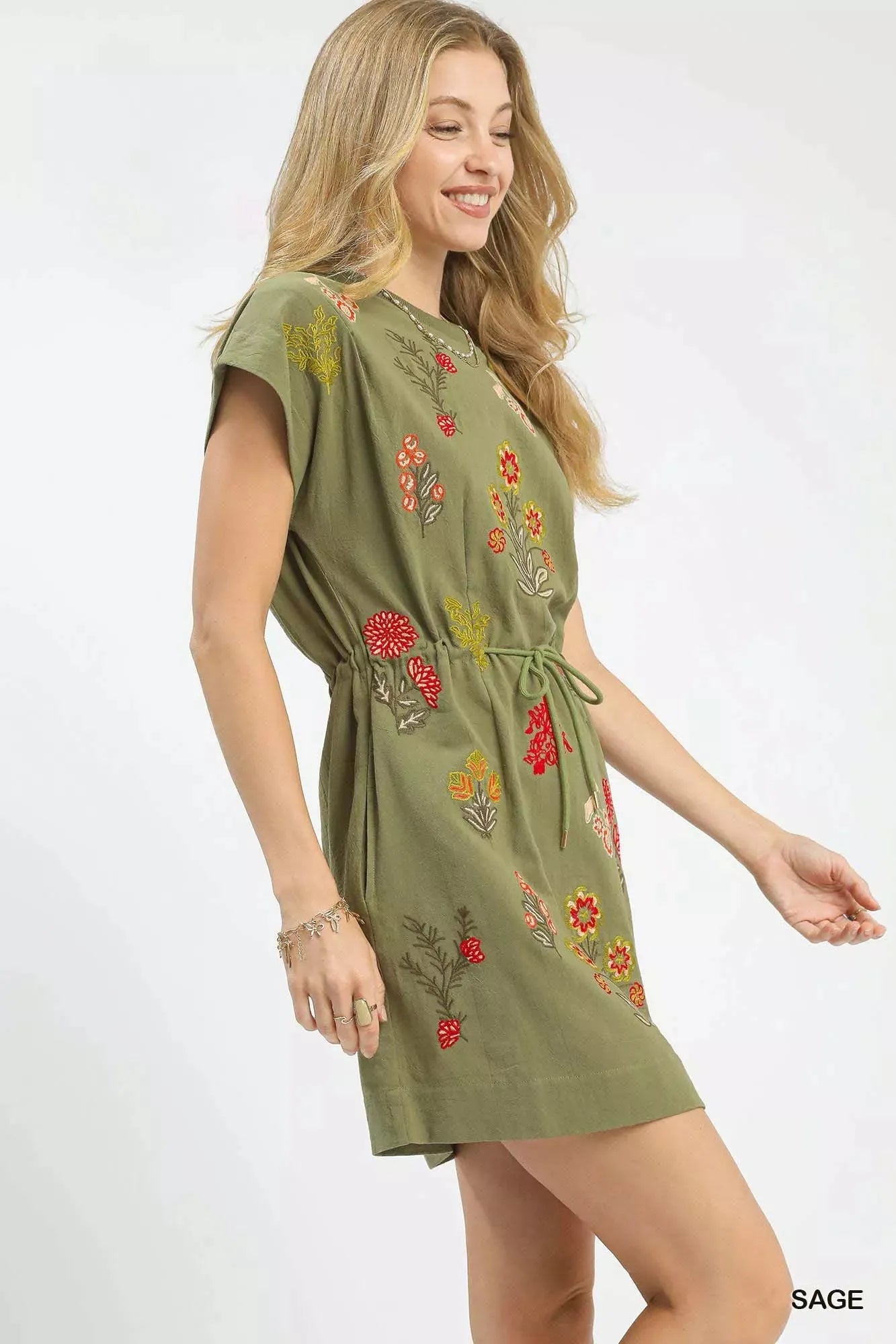 Umgee Embroidered Floral Mini Dress with Waist Tie