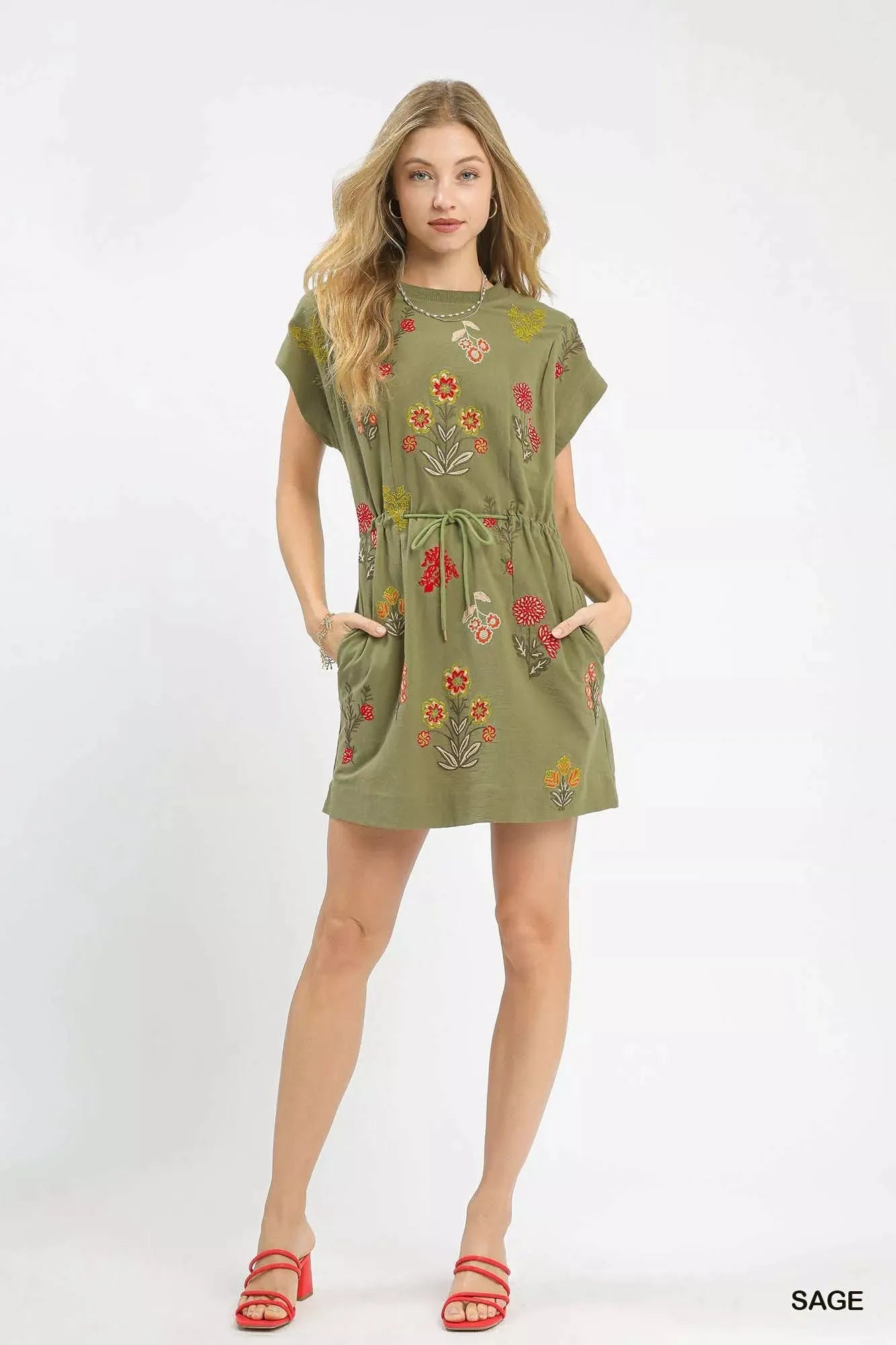 Umgee Embroidered Floral Mini Dress with Waist Tie