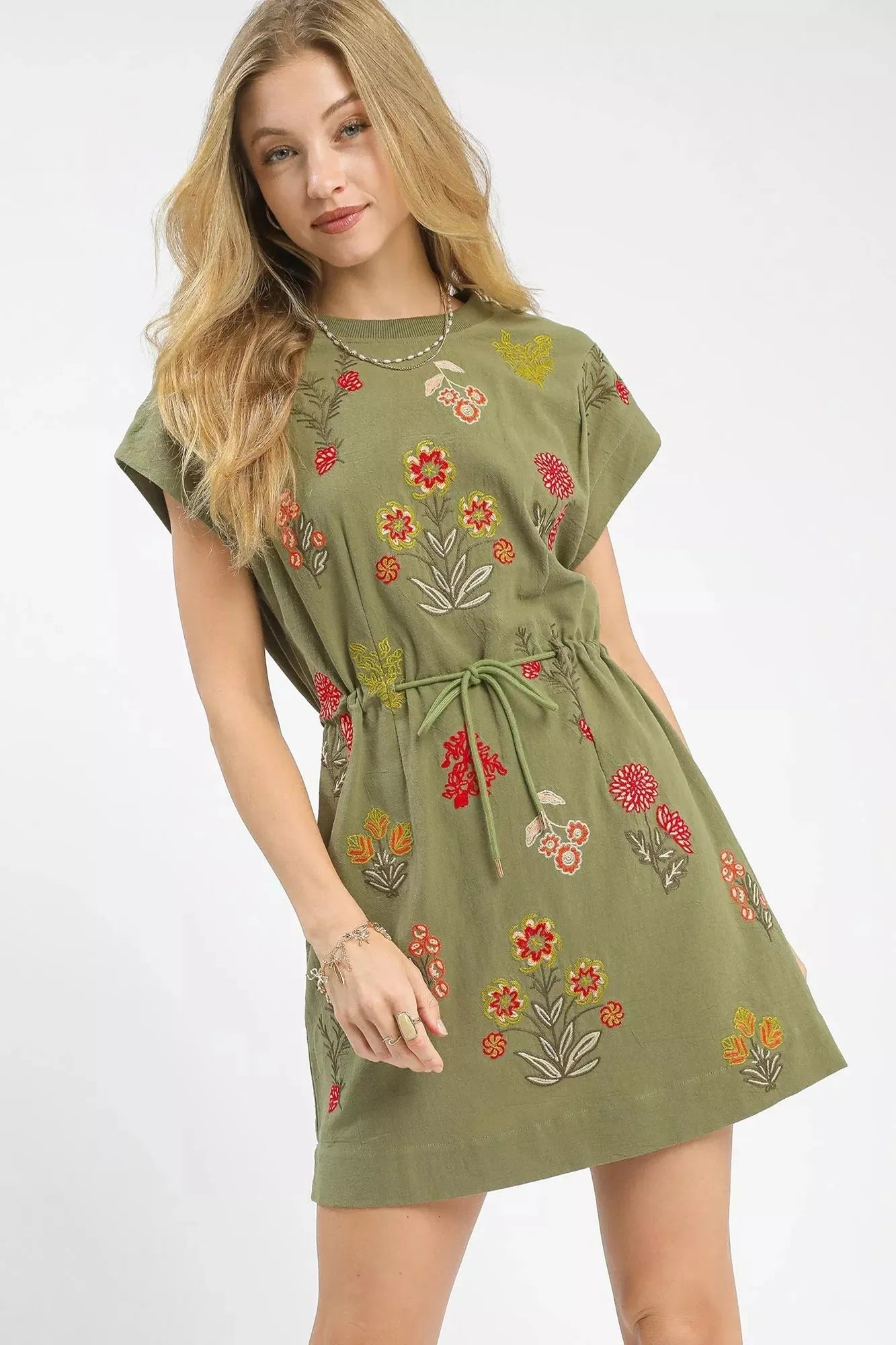 Umgee Embroidered Floral Mini Dress with Waist Tie