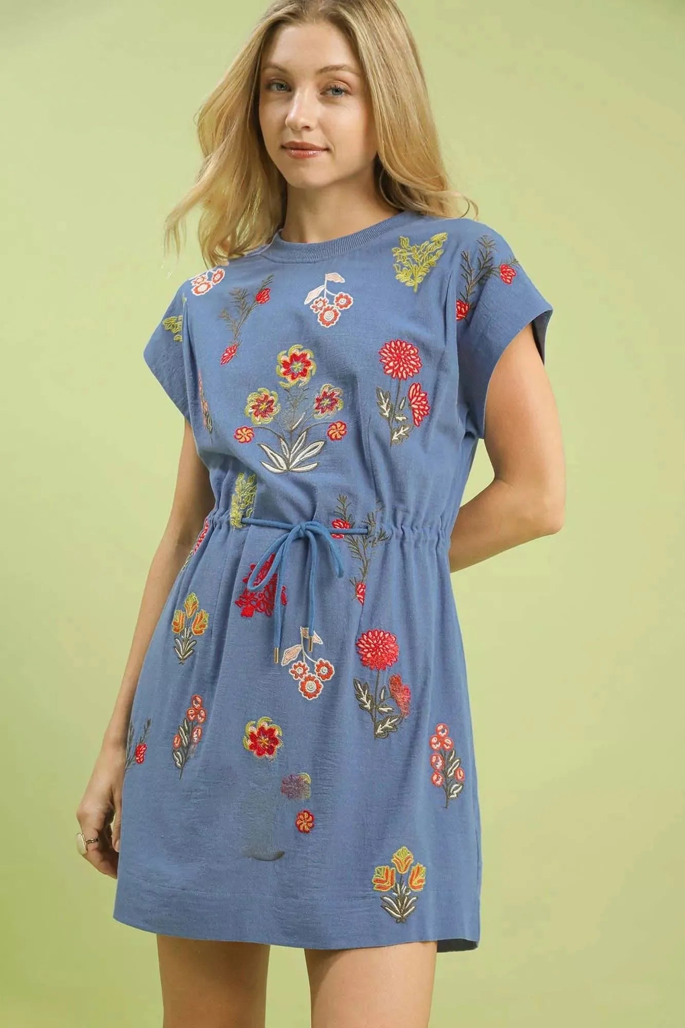 Umgee Embroidered Floral Mini Dress with Waist Tie