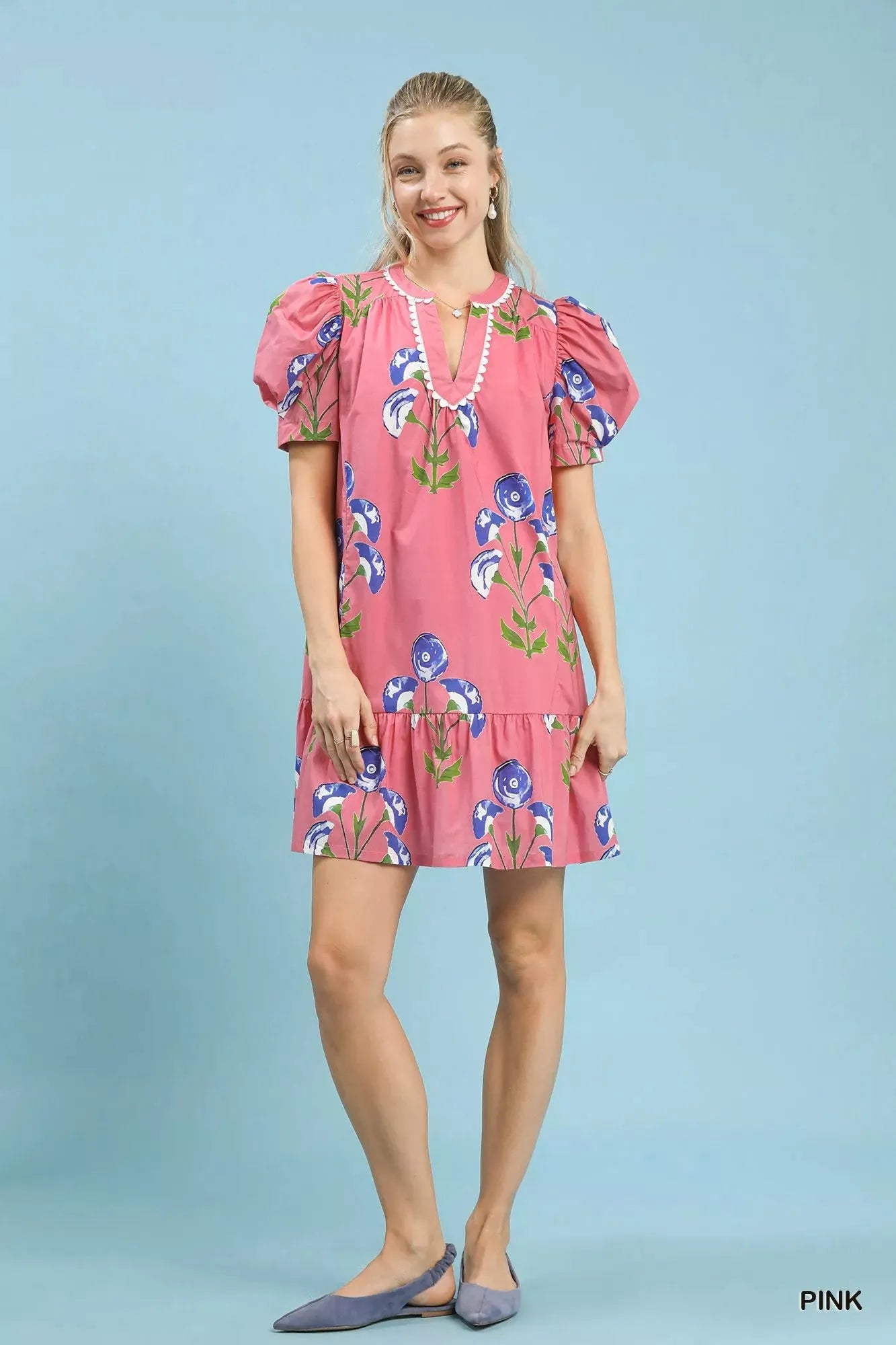 Umgee Floral Print Puff Sleeve Mini Dress with Scallop Trim