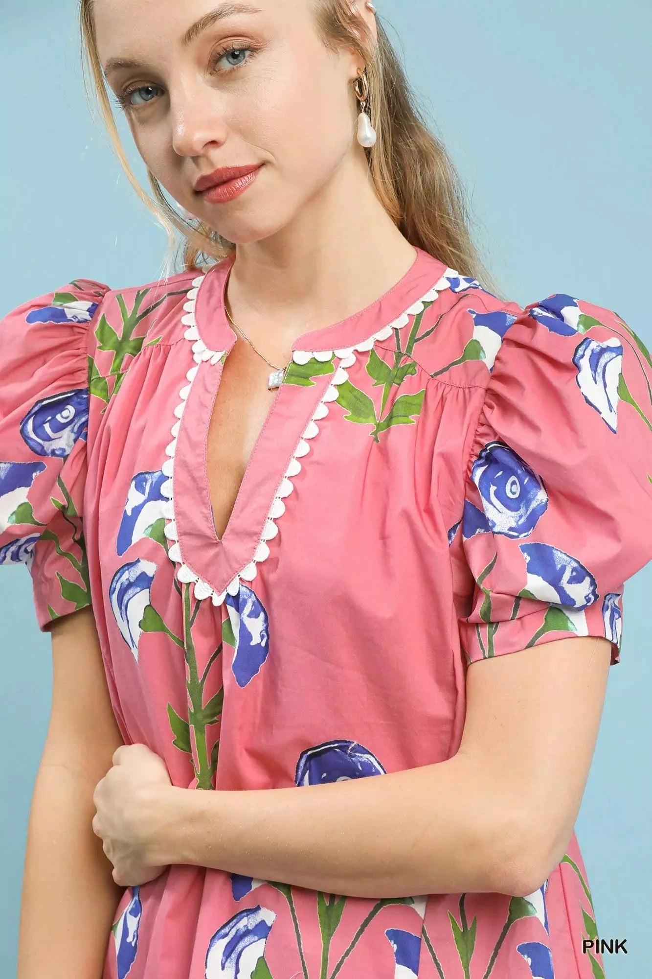 Umgee Floral Print Puff Sleeve Mini Dress with Scallop Trim
