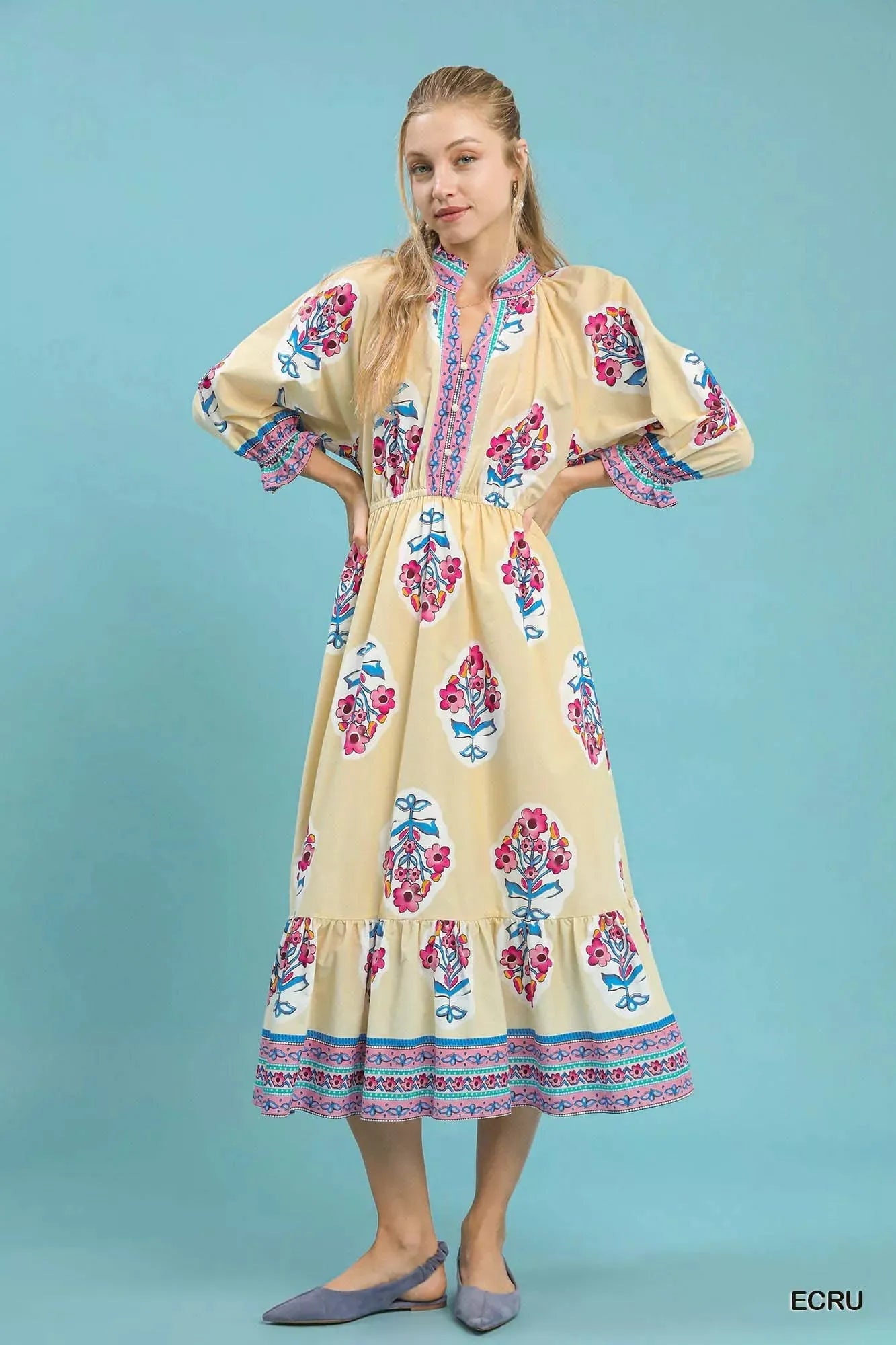 Umgee Flower Patch Border Print Midi Dress