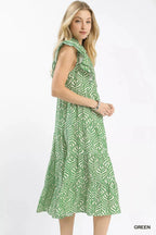 Umgee Leaf Print Tiered Midi Dress with Ruffle Detail