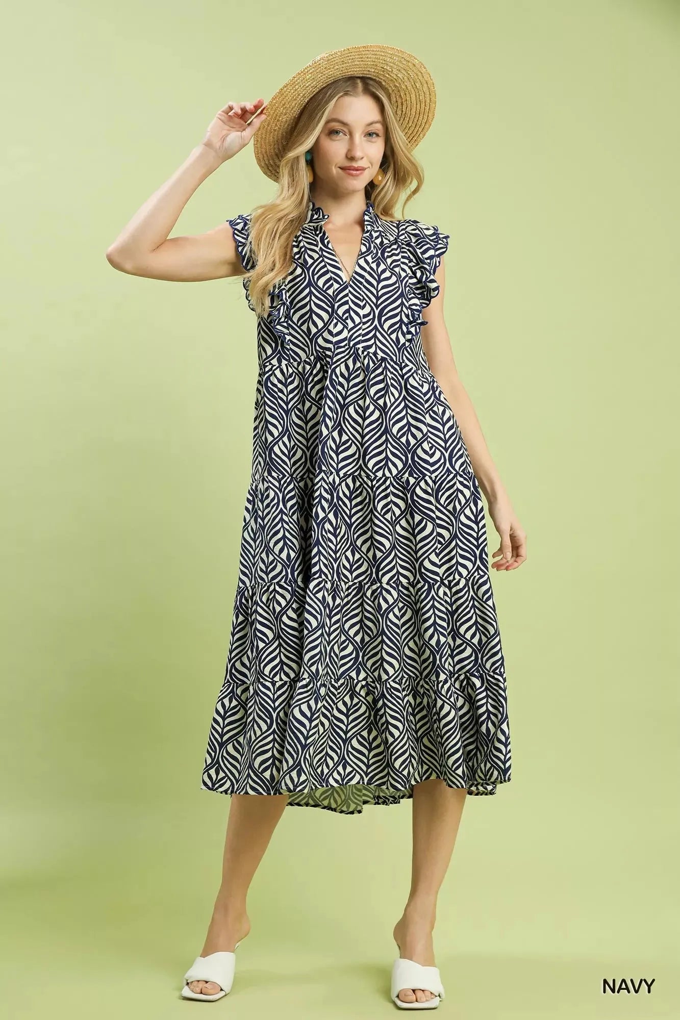 Umgee Leaf Print Tiered Midi Dress with Ruffle Detail
