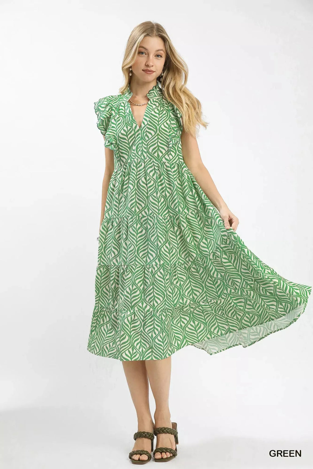 Umgee Leaf Print Tiered Midi Dress with Ruffle Detail
