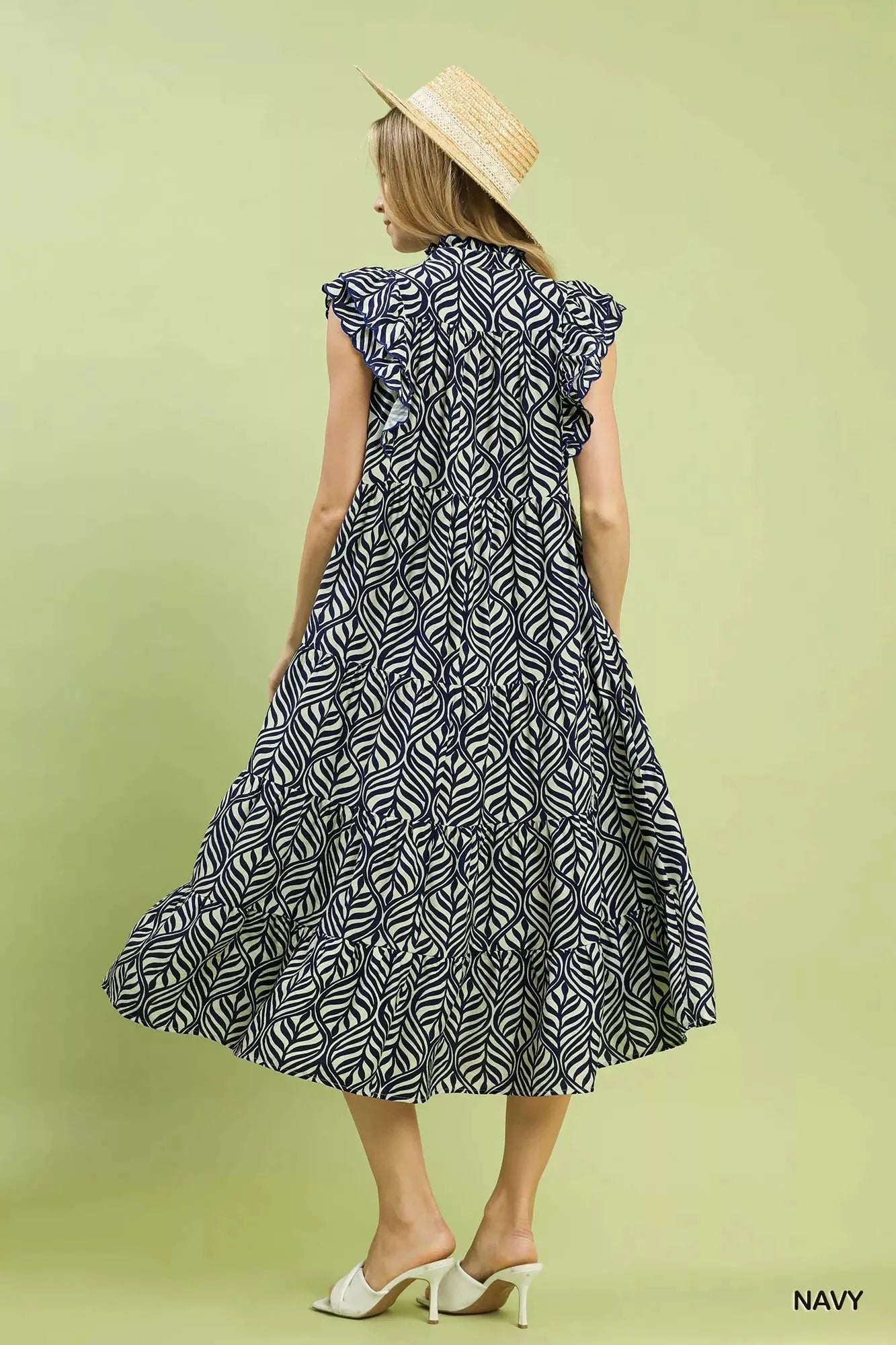 Umgee Leaf Print Tiered Midi Dress with Ruffle Detail