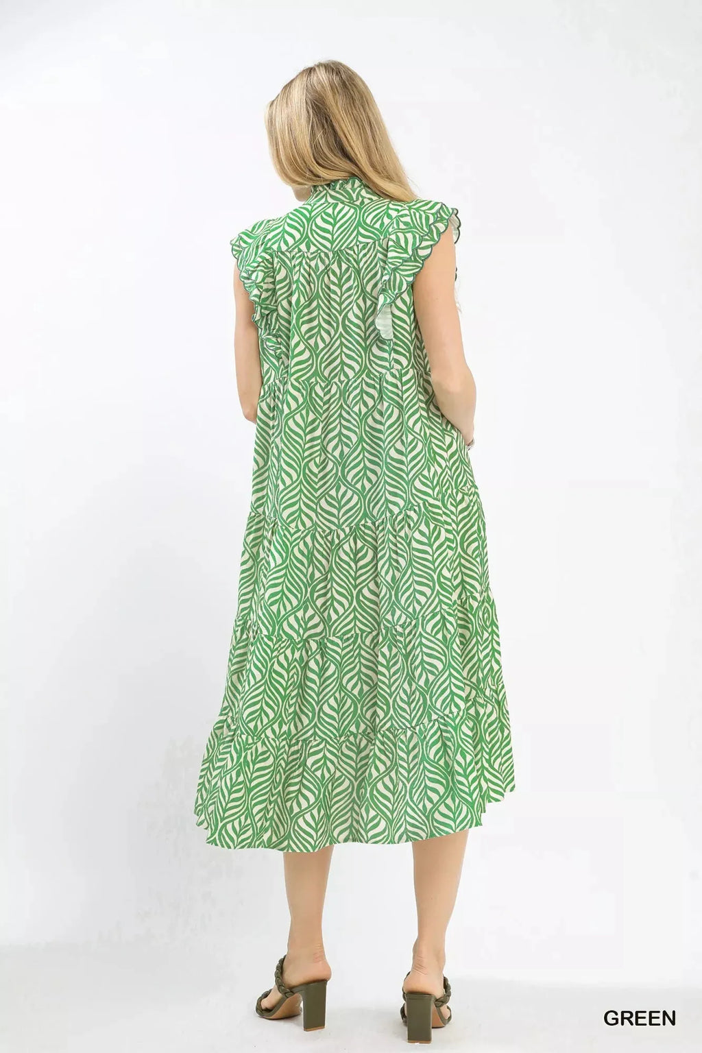 Umgee Leaf Print Tiered Midi Dress with Ruffle Detail