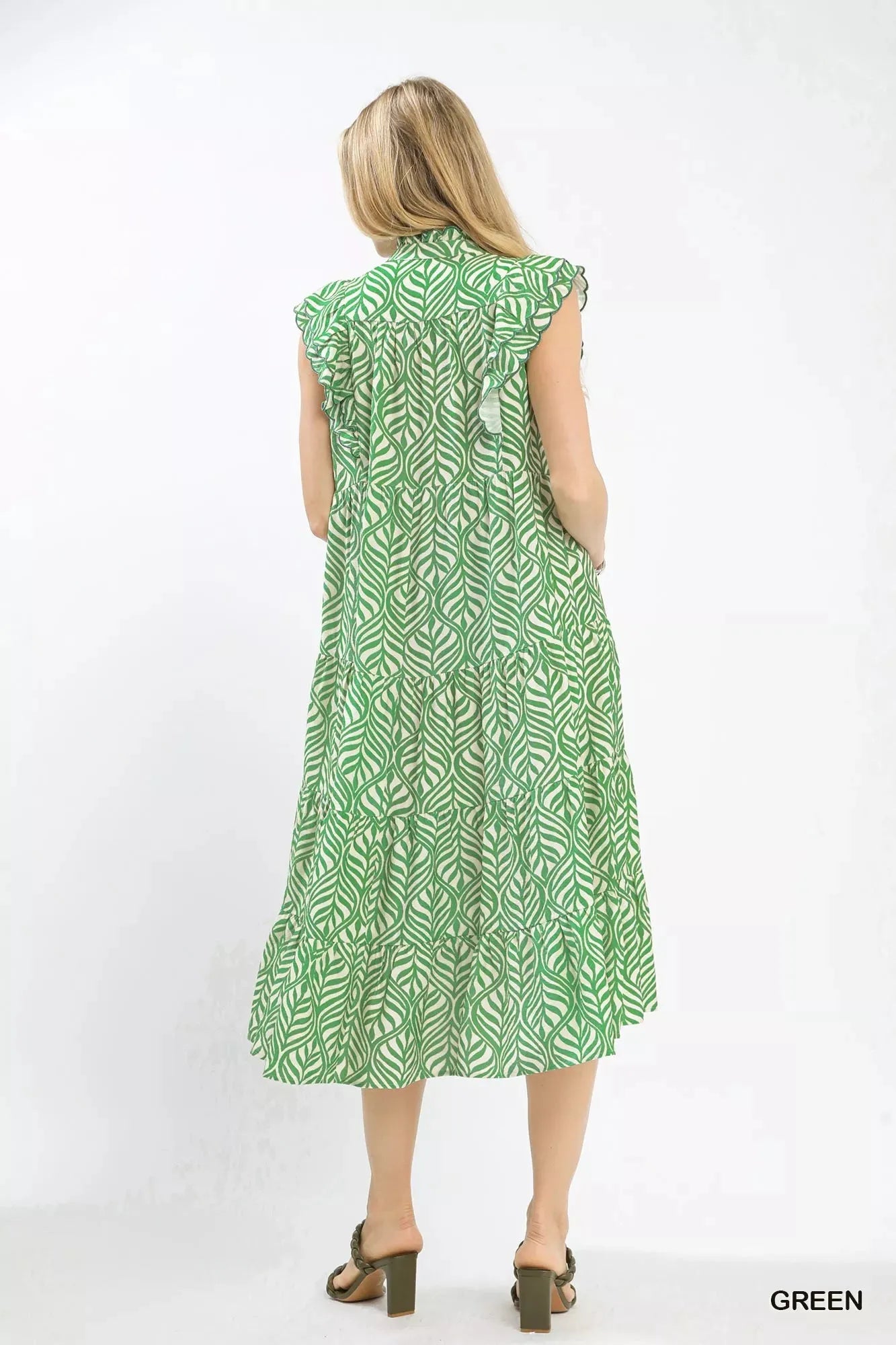Umgee Leaf Print Tiered Midi Dress with Ruffle Detail