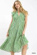 Umgee Leaf Print Tiered Midi Dress with Ruffle Detail