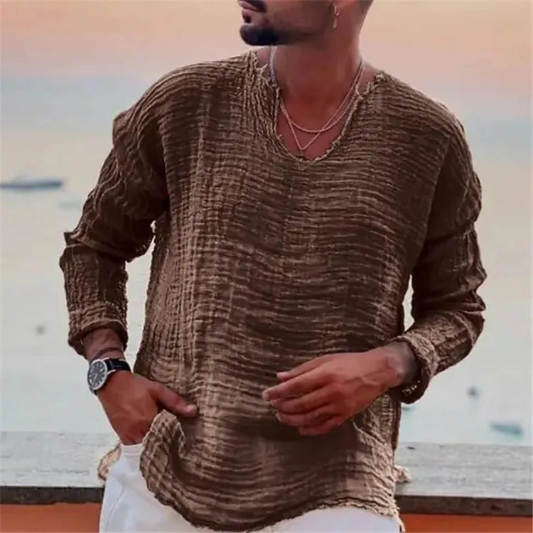 Viking-Inspired Lightweight V-Neck Long Sleeve Shirt for Summer Beach Wear