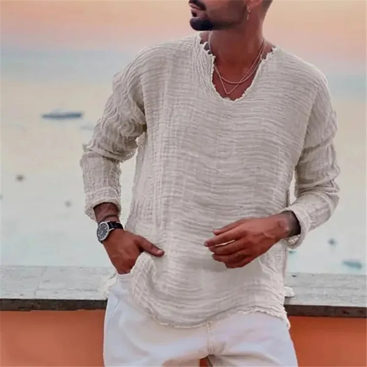 Viking-Inspired Lightweight V-Neck Long Sleeve Shirt for Summer Beach Wear