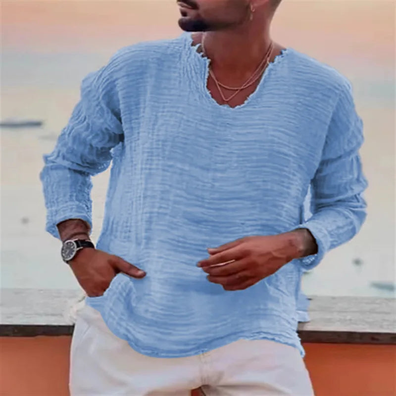 Viking-Inspired Lightweight V-Neck Long Sleeve Shirt for Summer Beach Wear