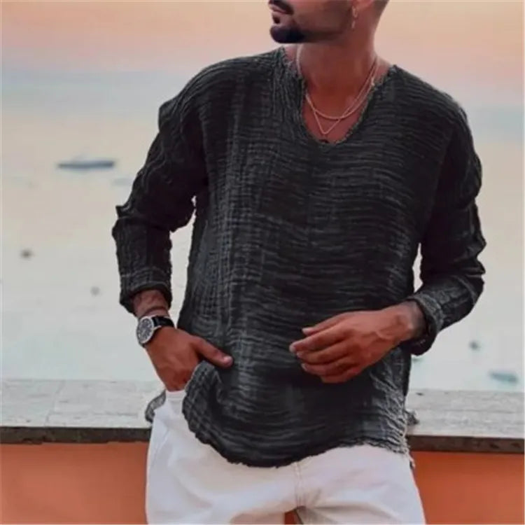 Viking-Inspired Lightweight V-Neck Long Sleeve Shirt for Summer Beach Wear