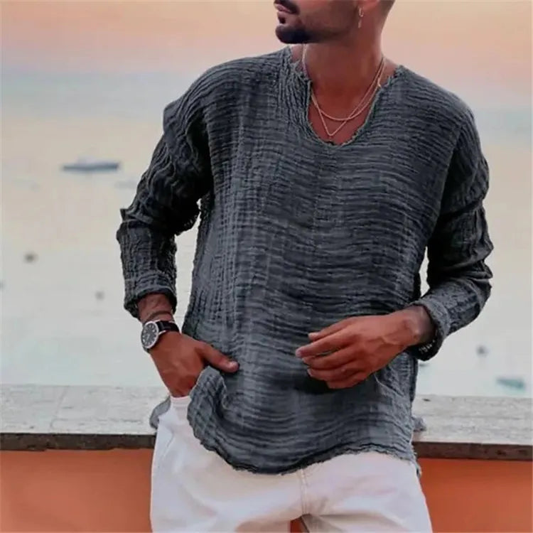 Viking-Inspired Lightweight V-Neck Long Sleeve Shirt for Summer Beach Wear