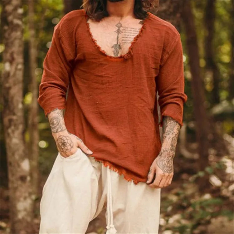 Viking-Inspired Lightweight V-Neck Long Sleeve Shirt for Summer Beach Wear