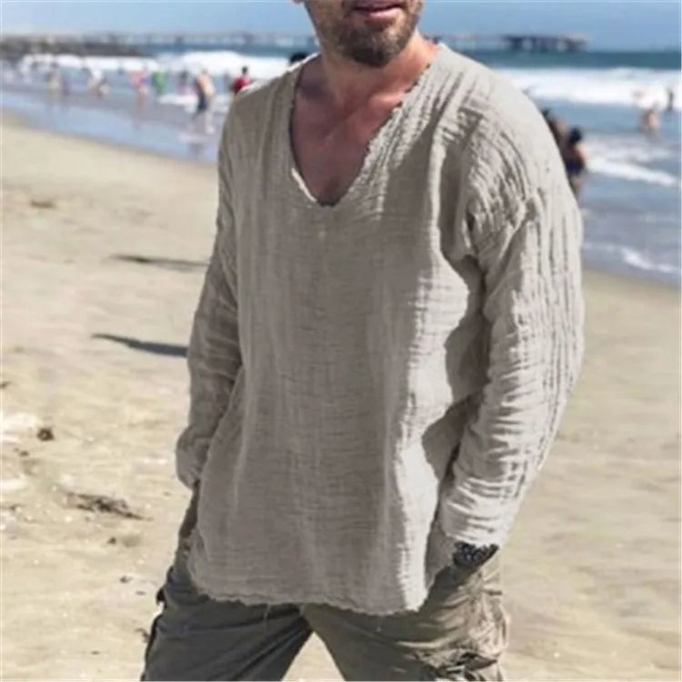 Viking-Inspired Lightweight V-Neck Long Sleeve Shirt for Summer Beach Wear