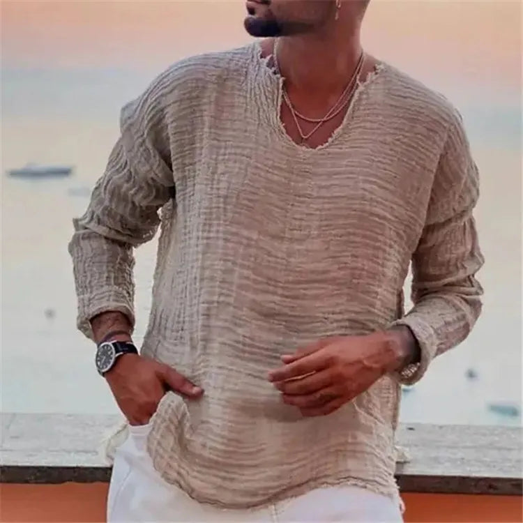 Viking-Inspired Lightweight V-Neck Long Sleeve Shirt for Summer Beach Wear