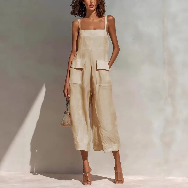 Vintage Summer Cotton Linen Backless Jumpsuit for Women - Loose Fit Cropped Overalls