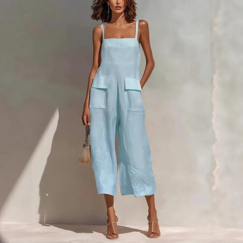Vintage Summer Cotton Linen Backless Jumpsuit for Women - Loose Fit Cropped Overalls