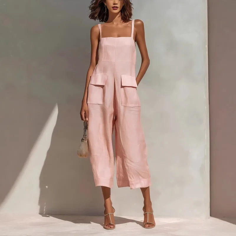 Vintage Summer Cotton Linen Backless Jumpsuit for Women - Loose Fit Cropped Overalls