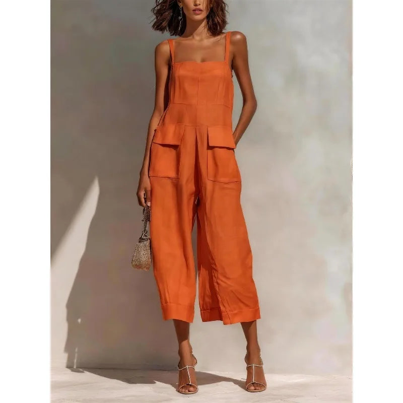 Vintage Summer Cotton Linen Backless Jumpsuit for Women - Loose Fit Cropped Overalls