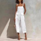 Vintage Summer Cotton Linen Backless Jumpsuit for Women - Loose Fit Cropped Overalls