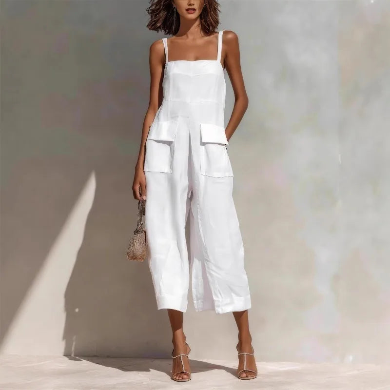 Vintage Summer Cotton Linen Backless Jumpsuit for Women - Loose Fit Cropped Overalls