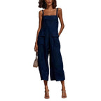 Vintage Summer Cotton Linen Backless Jumpsuit for Women - Loose Fit Cropped Overalls