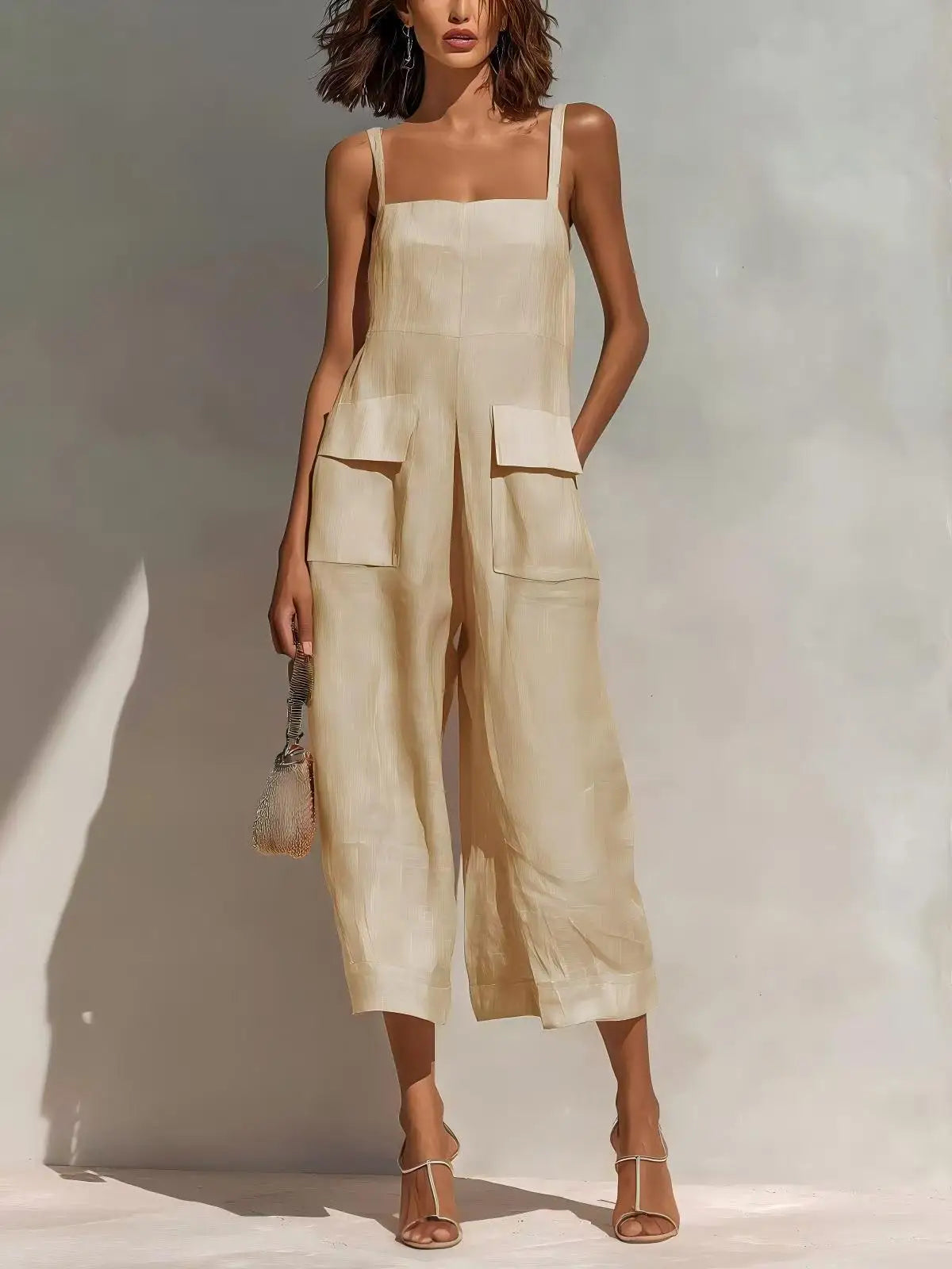 Vintage Summer Cotton Linen Backless Jumpsuit for Women - Loose Fit Cropped Overalls