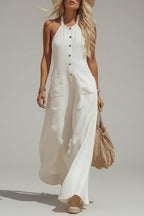 Halter Wide Leg Jumpsuit - Linen Look Casual Summer Romper with Pockets