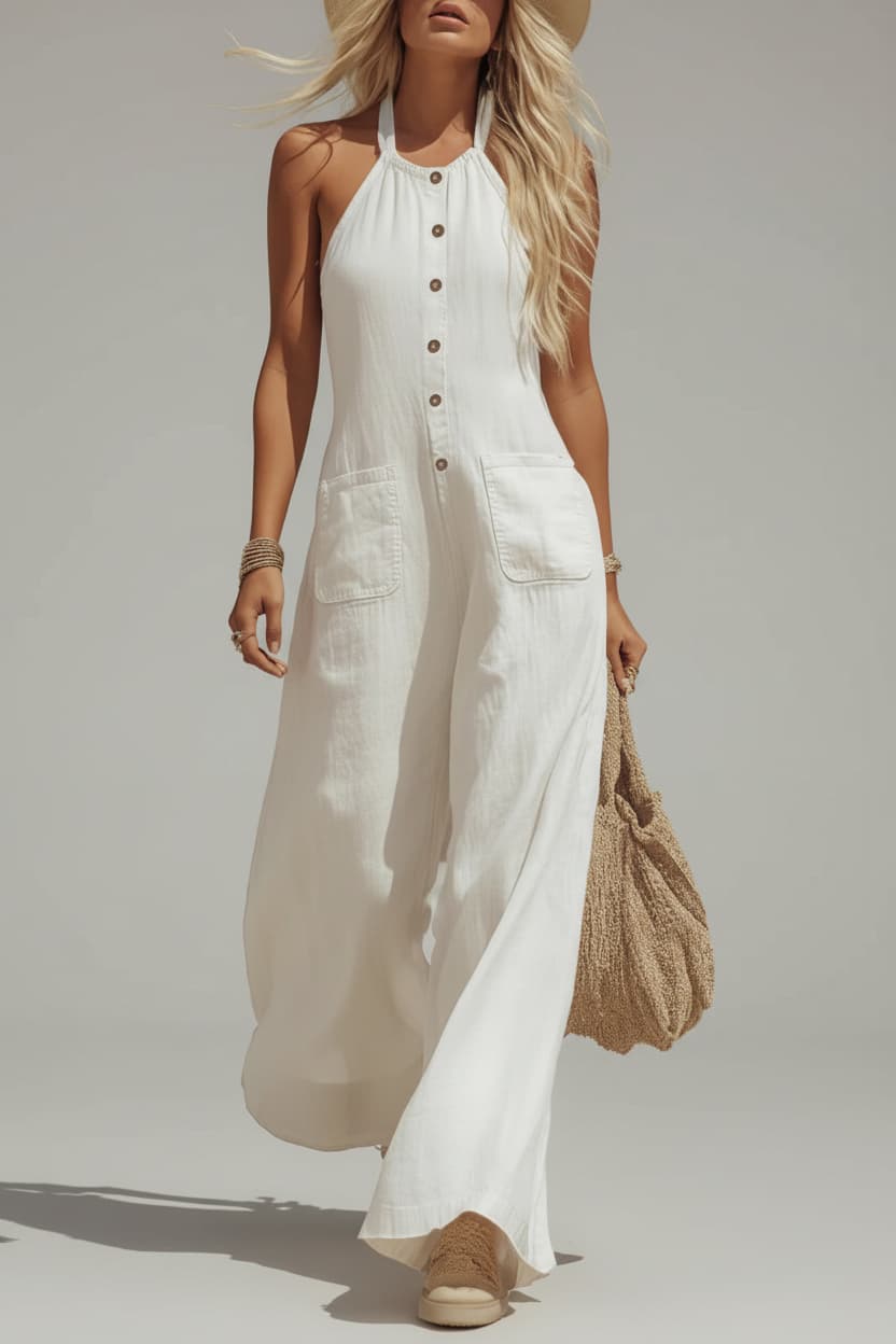 Halter Wide Leg Jumpsuit - Linen Look Casual Summer Romper with Pockets